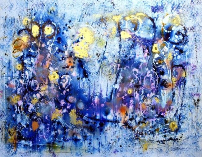 Peinture intitulée "La fête bleue II" par Muriel Cayet, Œuvre d'art originale