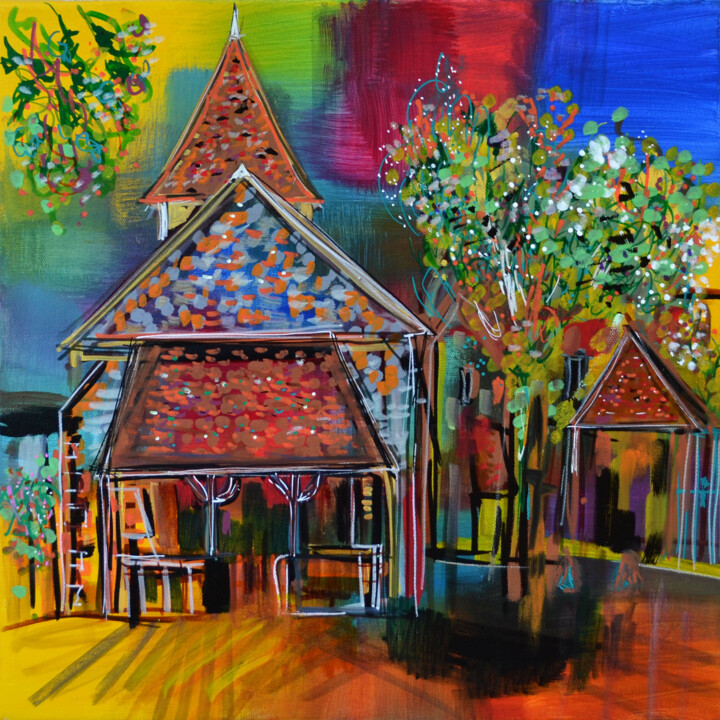 Peinture intitulée "Petite église de vi…" par Muriel Cayet, Œuvre d'art originale