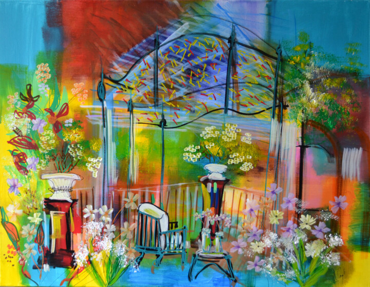 Schilderij getiteld "Terrasse Art déco" door Muriel Cayet, Origineel Kunstwerk