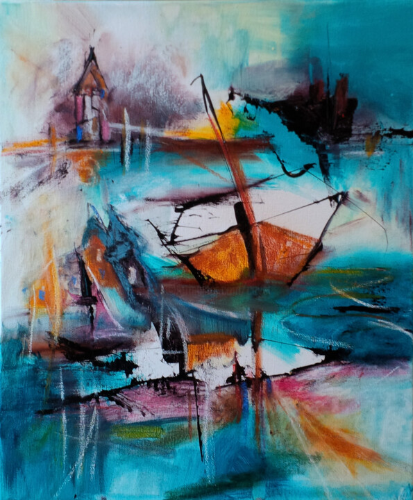 Painting titled "Temps de barques" by Muriel Cayet, Original Artwork