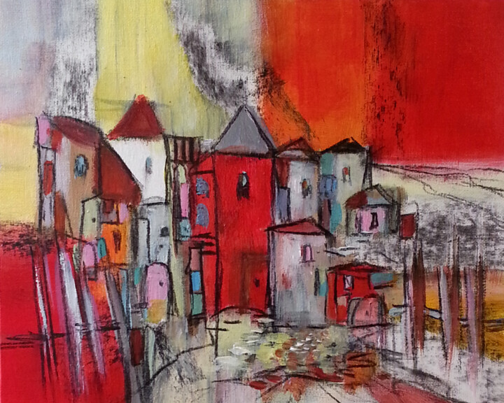 Peinture intitulée "Déferlement de rouge" par Muriel Cayet, Œuvre d'art originale, Acrylique