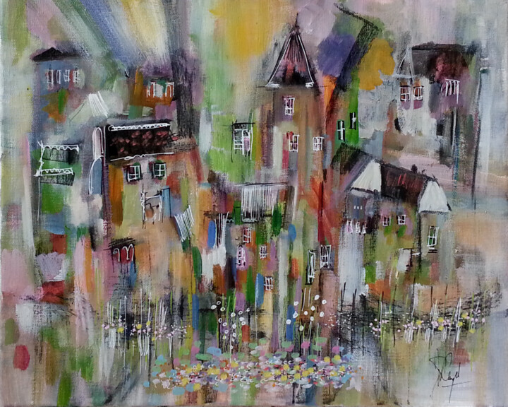 Peinture intitulée "Une ville joyeuse e…" par Muriel Cayet, Œuvre d'art originale, Acrylique