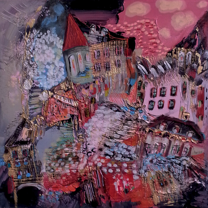 Peinture intitulée "Les maisons rouges…" par Muriel Cayet, Œuvre d'art originale, Autre