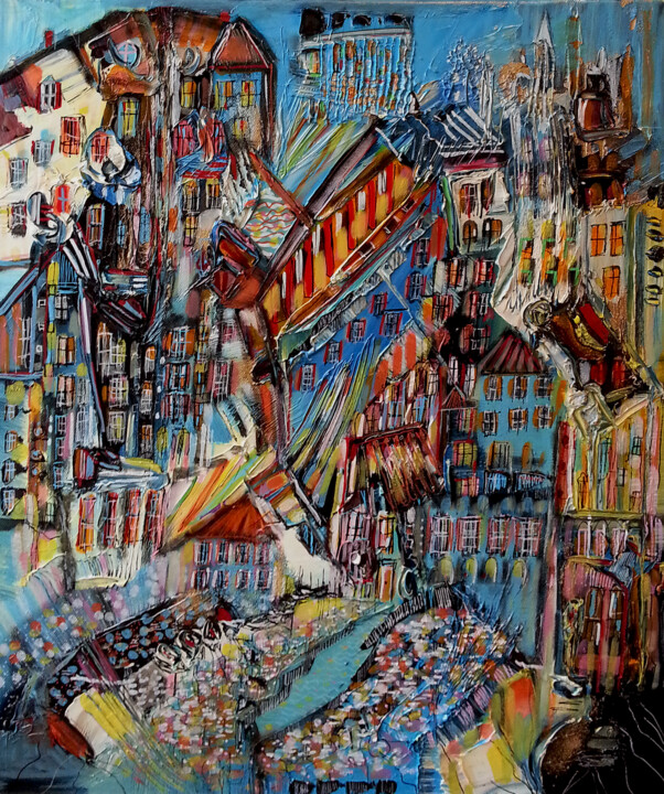 Peinture intitulée "Le quartier des Eau…" par Muriel Cayet, Œuvre d'art originale, Autre