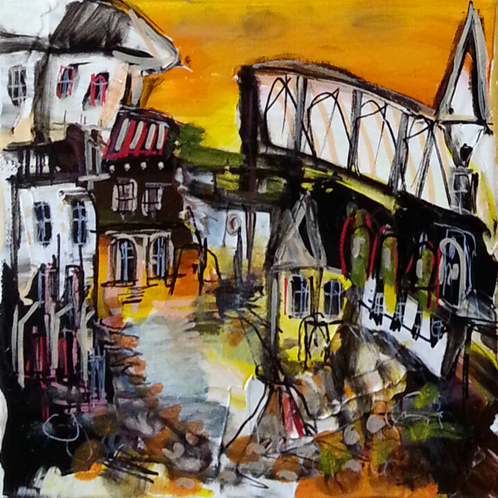 Painting titled "Coeur de village" by Muriel Cayet, Original Artwork, Acrylic