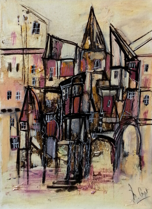 Malerei mit dem Titel "Le village des mauv…" von Muriel Cayet, Original-Kunstwerk, Acryl