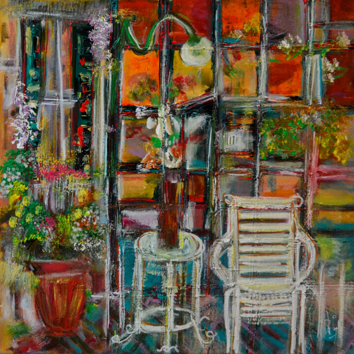 Schilderij getiteld "Au salon de jardin" door Muriel Cayet, Origineel Kunstwerk, Acryl