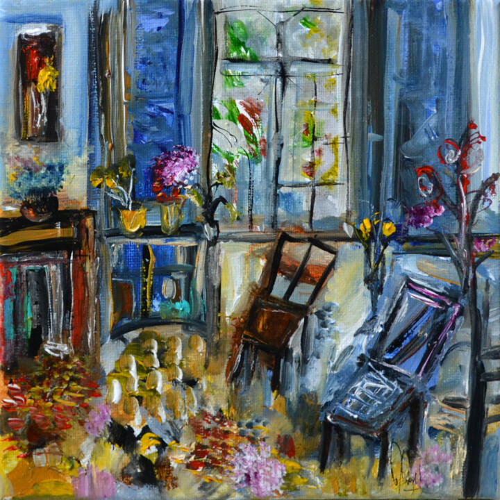 Pittura intitolato "Le salon bleu" da Muriel Cayet, Opera d'arte originale
