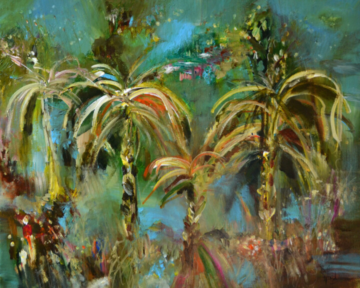 Peinture intitulée "Des palmes courbées…" par Muriel Cayet, Œuvre d'art originale, Acrylique