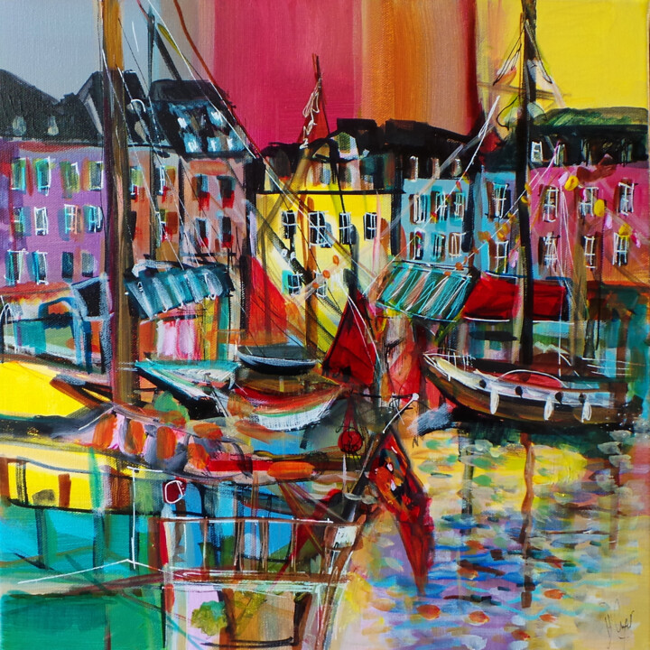 Peinture intitulée "Un dimanche au port" par Muriel Cayet, Œuvre d'art originale, Acrylique