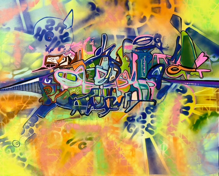 Peinture intitulée "SpaceBeat" par Muriel Deumie, Œuvre d'art originale, Bombe aérosol Monté sur Châssis en bois