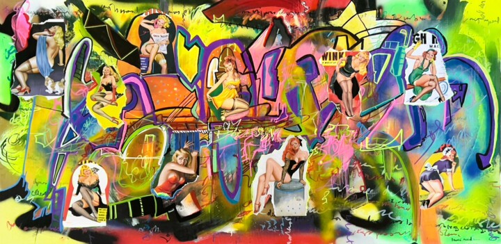 Painting titled "Pin up vintage" by Muriel Deumie, Original Artwork, Spray paint Mounted on Wood Stretcher frame