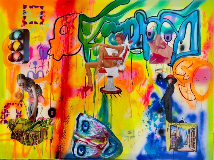 Картина под названием "Ou ai je la tête" - Muriel Deumie, Подлинное произведение искусства, Рисунок распылителем краски Уста…