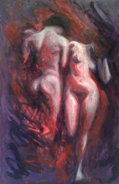 Painting titled "Adam et Eve" by Muriel Henry, Original Artwork, Oil Mounted on Wood Stretcher frame