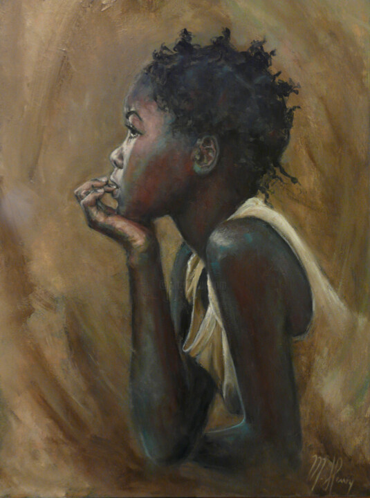 Painting titled "Portrait jeune Afri…" by Muriel Henry, Original Artwork, Oil Mounted on Wood Stretcher frame