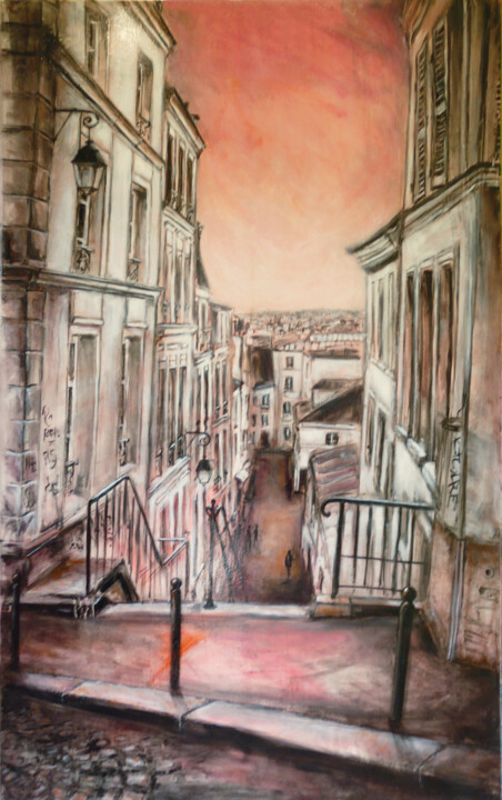 Peinture intitulée "Rue de Montmartre" par Muriel Henry, Œuvre d'art originale, Huile Monté sur Châssis en bois