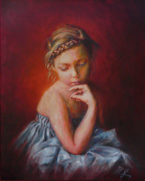 Painting titled "Portrait de jeune f…" by Muriel Henry, Original Artwork, Oil Mounted on Wood Stretcher frame