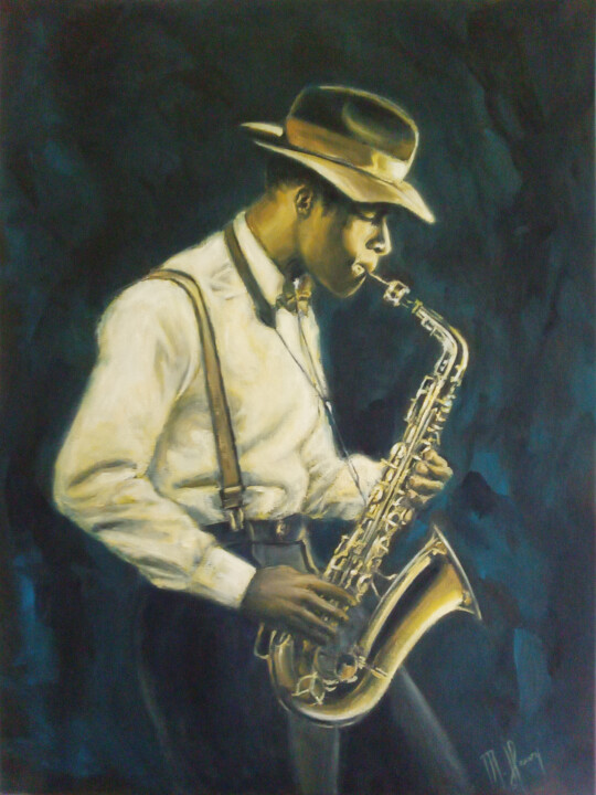 Painting titled "Saxo" by Muriel Henry, Original Artwork, Oil Mounted on Wood Stretcher frame