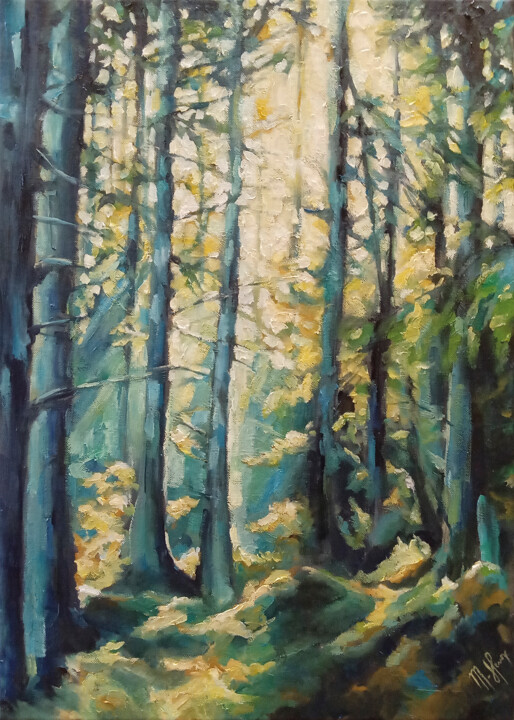 Painting titled "Forêt" by Muriel Henry, Original Artwork, Oil Mounted on Wood Stretcher frame