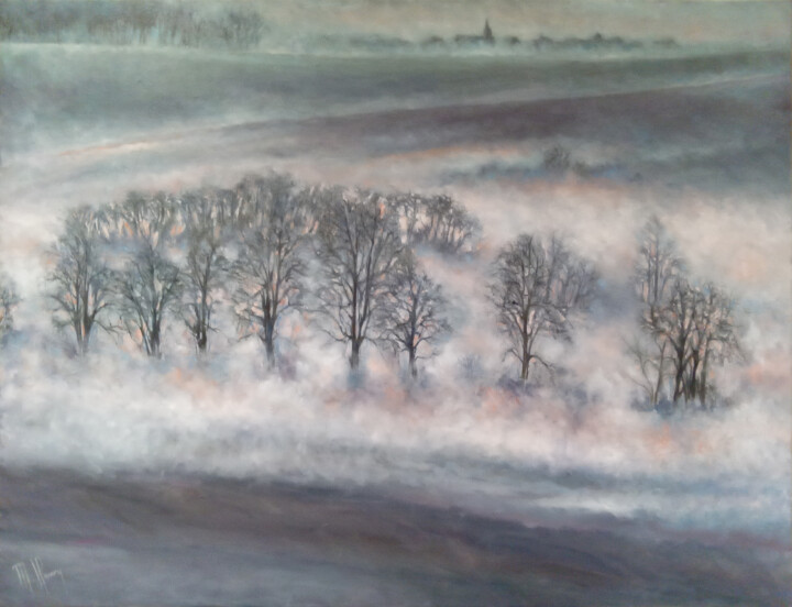 Painting titled "Brume" by Muriel Henry, Original Artwork, Oil Mounted on Wood Stretcher frame