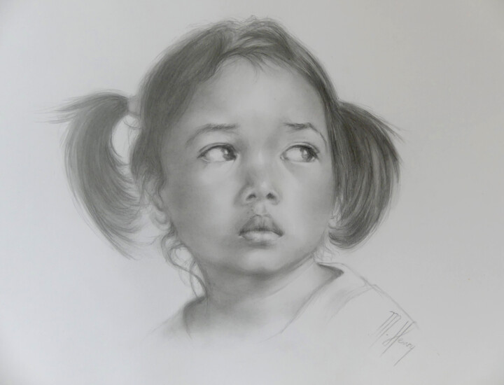 Dessin intitulée "Petite fille d'Asie" par Muriel Henry, Œuvre d'art originale, Graphite