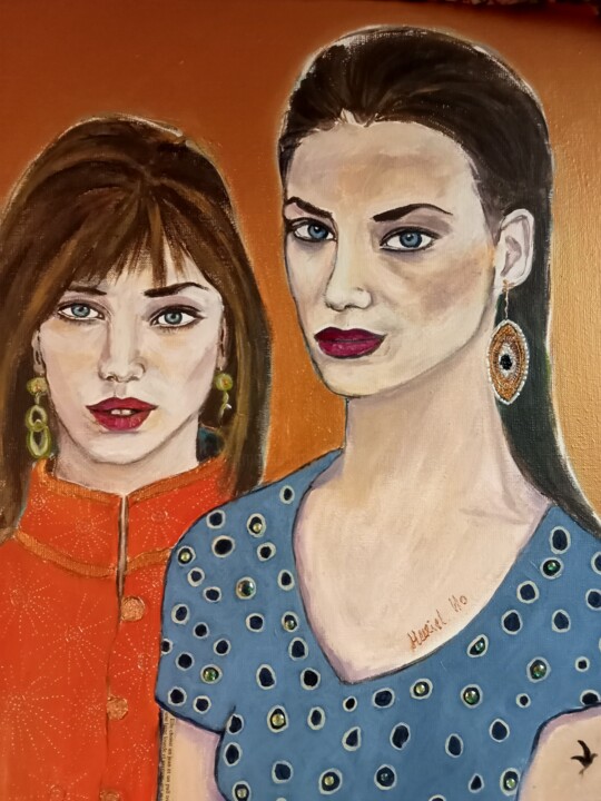 Painting titled "Sisters" by Muriel Ho Paintings, Original Artwork, Acrylic Mounted on Wood Stretcher frame