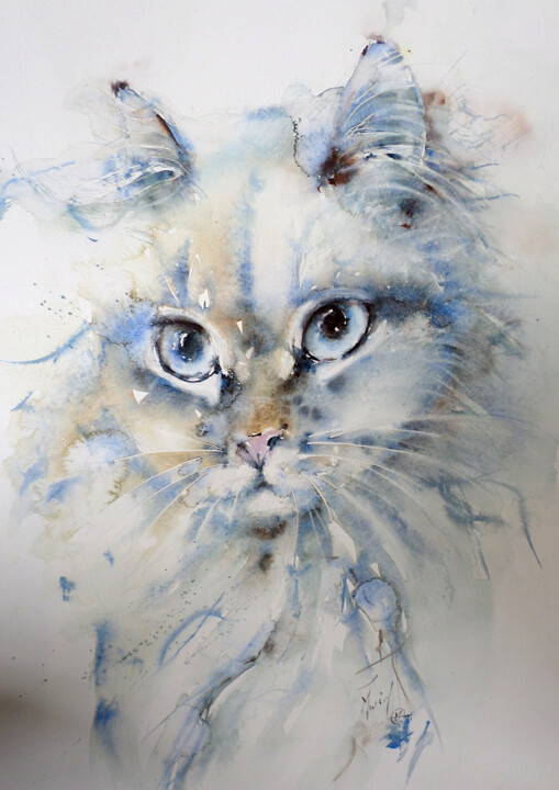 Peinture intitulée "Blue cat" par Muriel Mougeolle, Œuvre d'art originale, Aquarelle