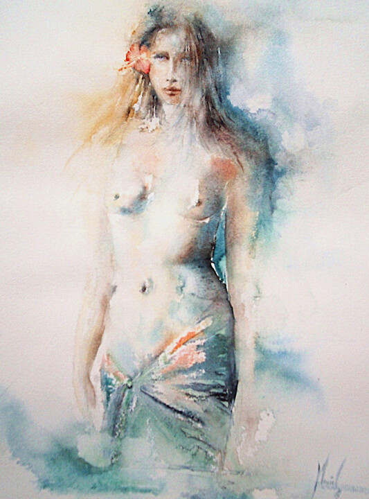 Peinture intitulée "La Dame du lac" par Muriel Mougeolle, Œuvre d'art originale, Aquarelle