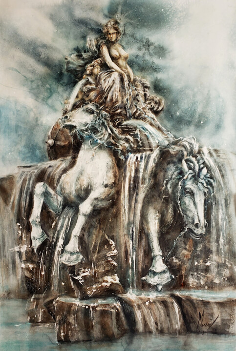 Pittura intitolato "La fontaine Barthol…" da Muriel Mougeolle, Opera d'arte originale, Acquarello
