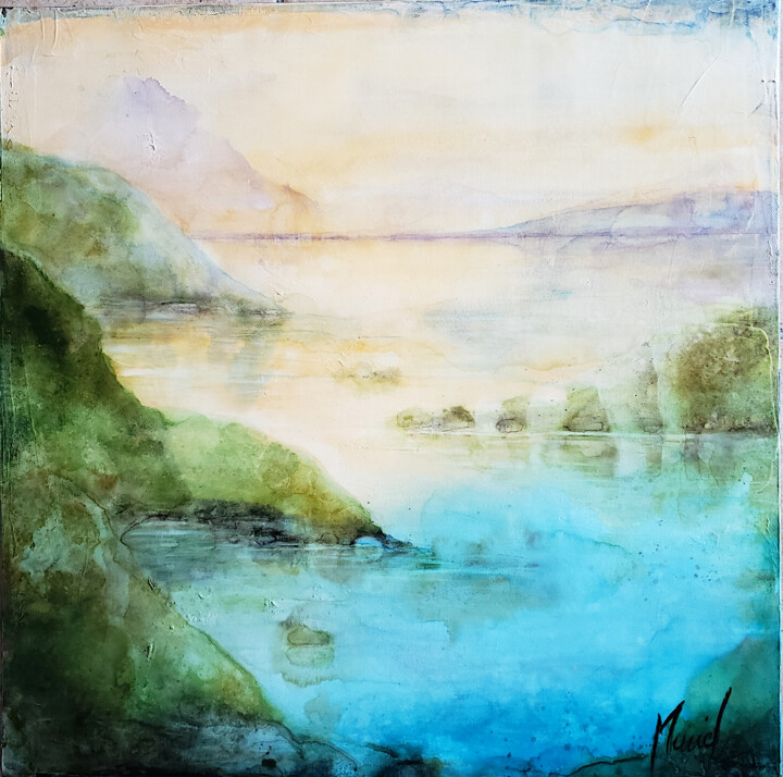 Peinture intitulée "Crépuscule sur le l…" par Muriel Mougeolle, Œuvre d'art originale, Aquarelle Monté sur Châssis en bois