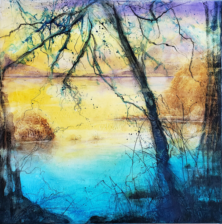 Painting titled "L'île aux secrets" by Muriel Mougeolle, Original Artwork, Watercolor Mounted on Wood Stretcher frame