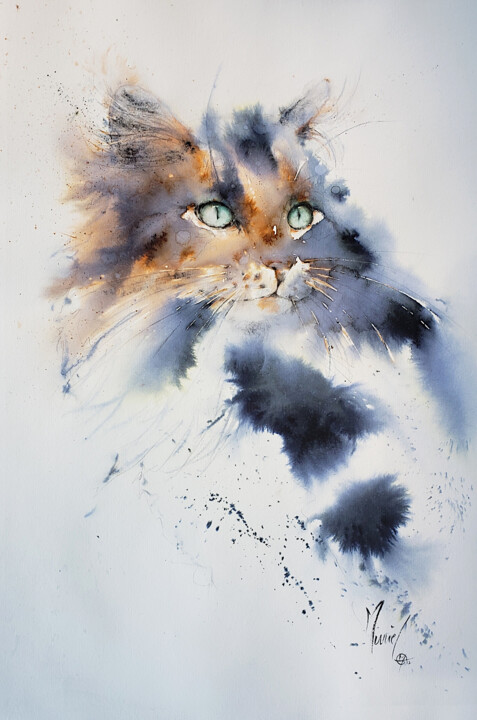 Painting titled "Sweet cat" by Muriel Mougeolle, Original Artwork, Watercolor
