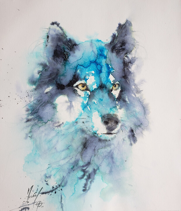 Painting titled "Loup bleu" by Muriel Mougeolle, Original Artwork, Watercolor