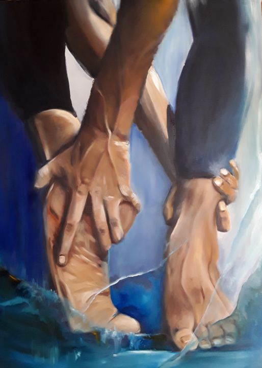 Malerei mit dem Titel "Des pieds et des ma…" von Murielle Guerin Wehrlen, Original-Kunstwerk, Öl Auf Keilrahmen aus Holz mon…