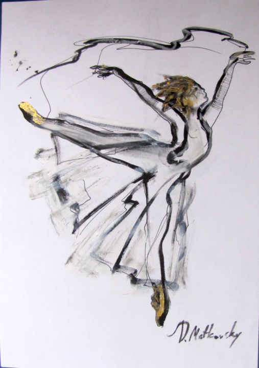 「Golden pointe shoe,…」というタイトルの絵画 Dmitri Matkovskyによって, オリジナルのアートワーク, インク