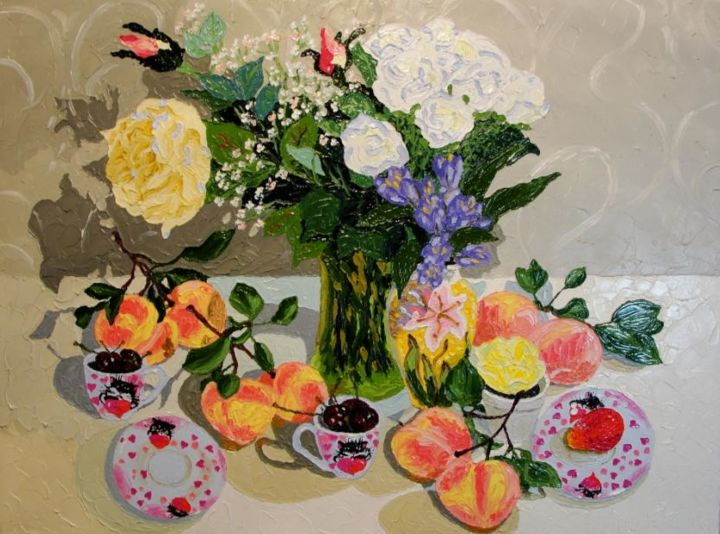 Pintura intitulada "Персики. Peaches." por Julia Musina, Obras de arte originais, Óleo