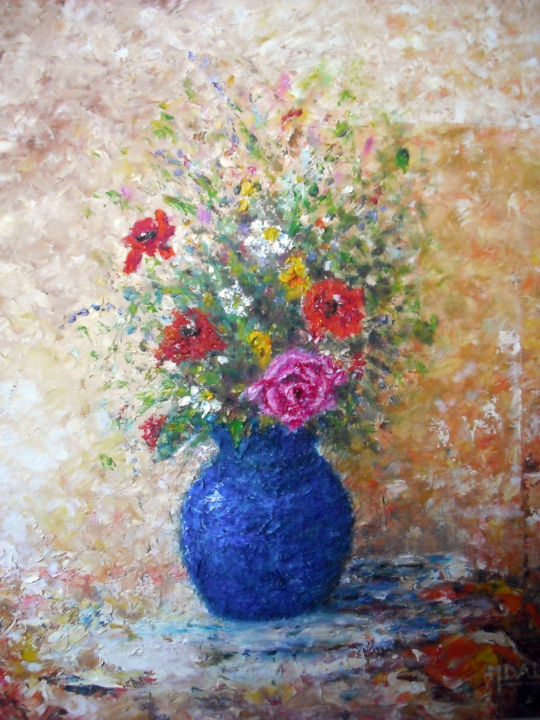 Malerei mit dem Titel "Fleurs dans un vase…" von Mustapha Dali, Original-Kunstwerk, Öl