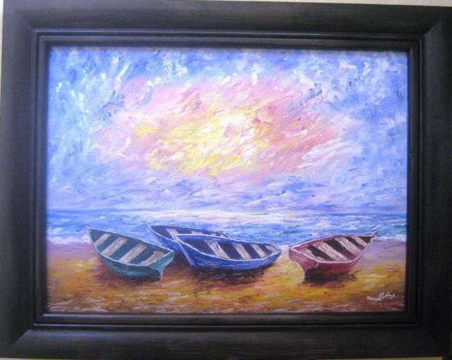 Painting titled "Barques au Couché d…" by Mustapha Farmati, Original Artwork