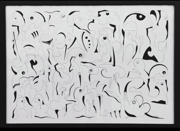 Dessin intitulée "Pensamentos Labirin…" par Mutes / César Amorim, Œuvre d'art originale, Marqueur Monté sur Châssis en bois