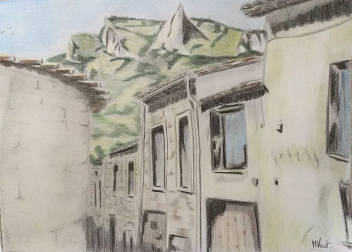 Dessin intitulée "rue de mon village" par Murielle Viret, Œuvre d'art originale, Conté