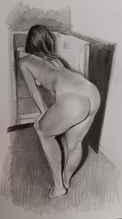 Drawing titled "Nü k" by Muzaffer Bulut, Original Artwork, Charcoal