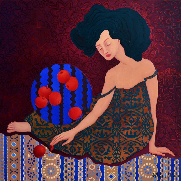 Картина под названием "Apples float on the…" - Marina Venediktova, Подлинное произведение искусства, Масло Установлен на Дер…