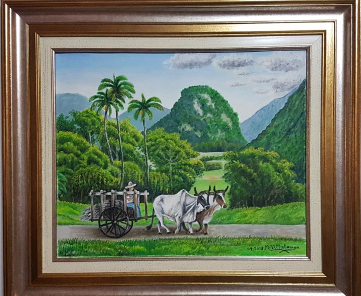 Painting titled "paisaje-con-bueyes.…" by Miquel Villalonga Reus, Original Artwork, Oil