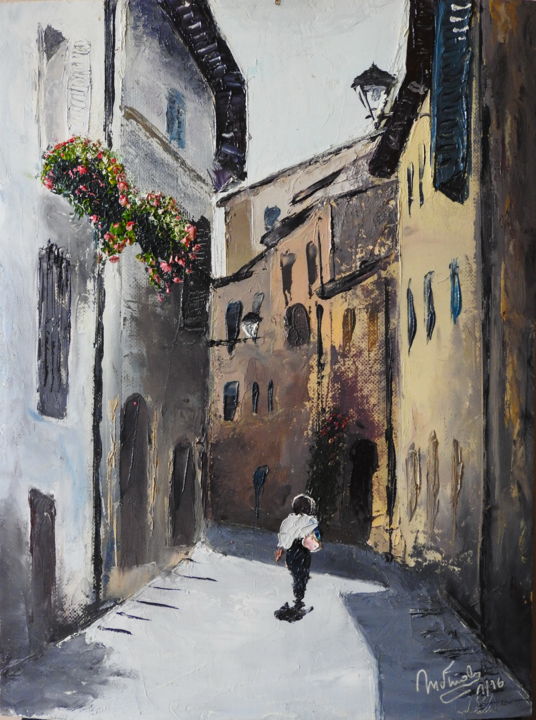 Painting titled "Callejuela en Monta…" by Marina Viñoly Apaolaza, Original Artwork, Oil