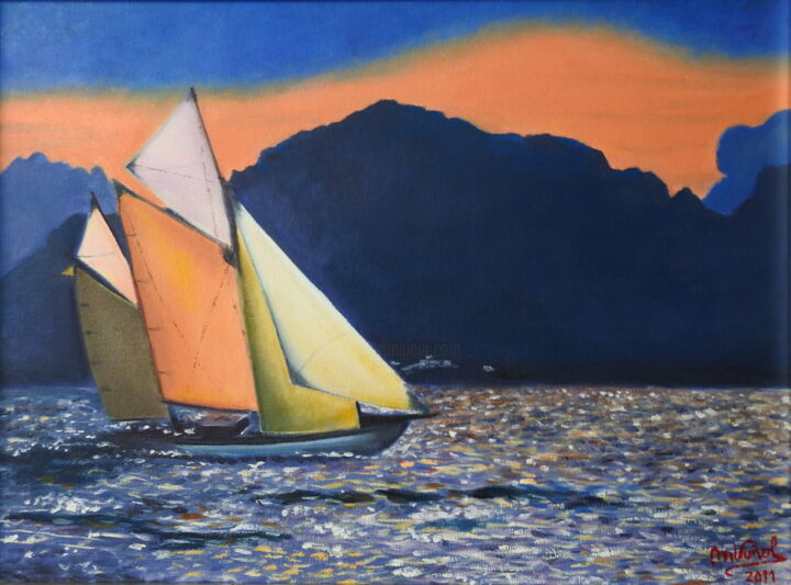 Painting titled "Velero" by Marina Viñoly Apaolaza, Original Artwork, Oil Mounted on Other rigid panel