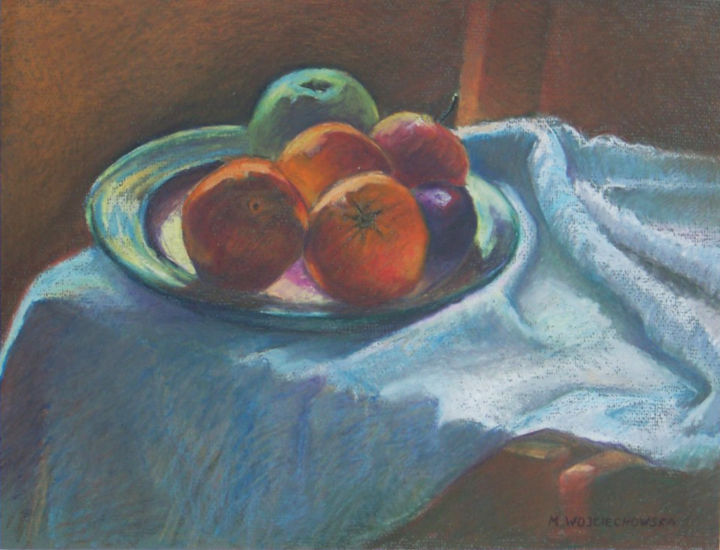Zeichnungen mit dem Titel "Fruits on a plate" von Magdalena Wojciechowska, Original-Kunstwerk, Pastell