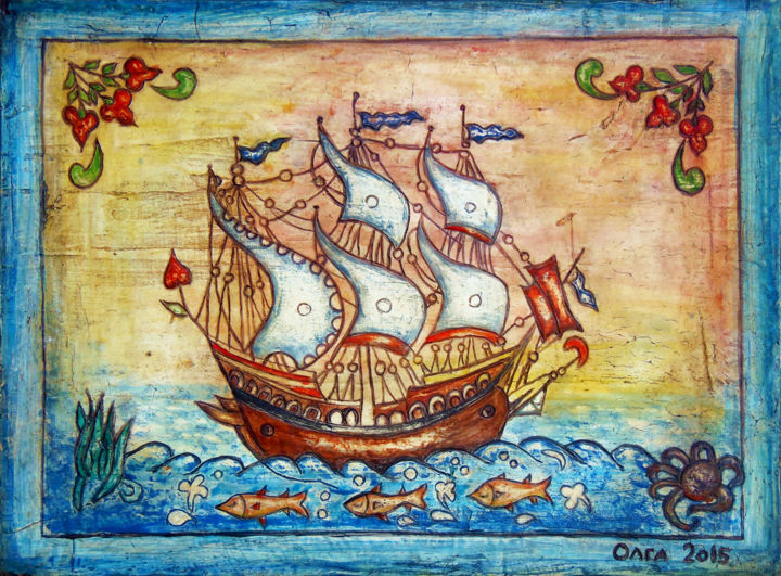 Peinture intitulée "Old sailboat" par Myfolkart Paintings, Œuvre d'art originale, Acrylique