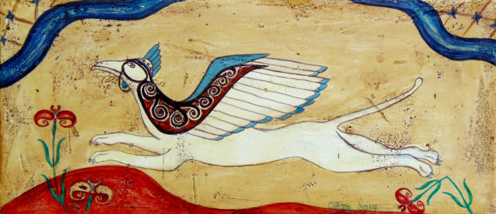 Peinture intitulée "Flying griffin" par Myfolkart Paintings, Œuvre d'art originale, Acrylique