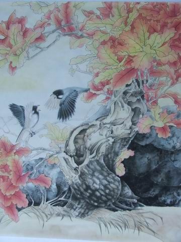 Painting titled "红叶飞鸟" by Yu Hong Ma, Original Artwork