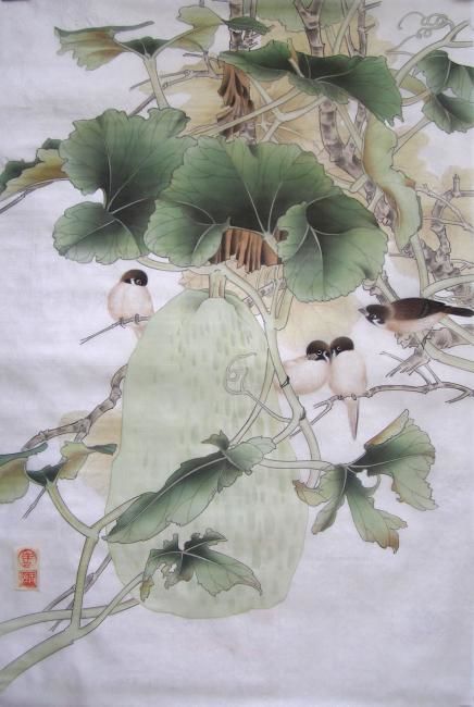 Painting titled "吊瓜麻雀" by Yu Hong Ma, Original Artwork